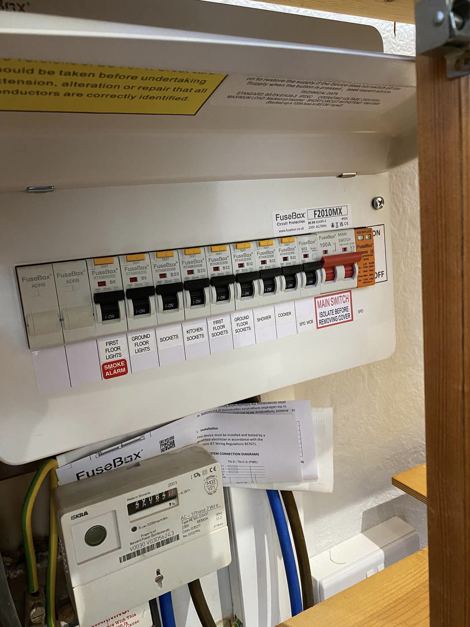 Close-up of a newly installed consumer unit