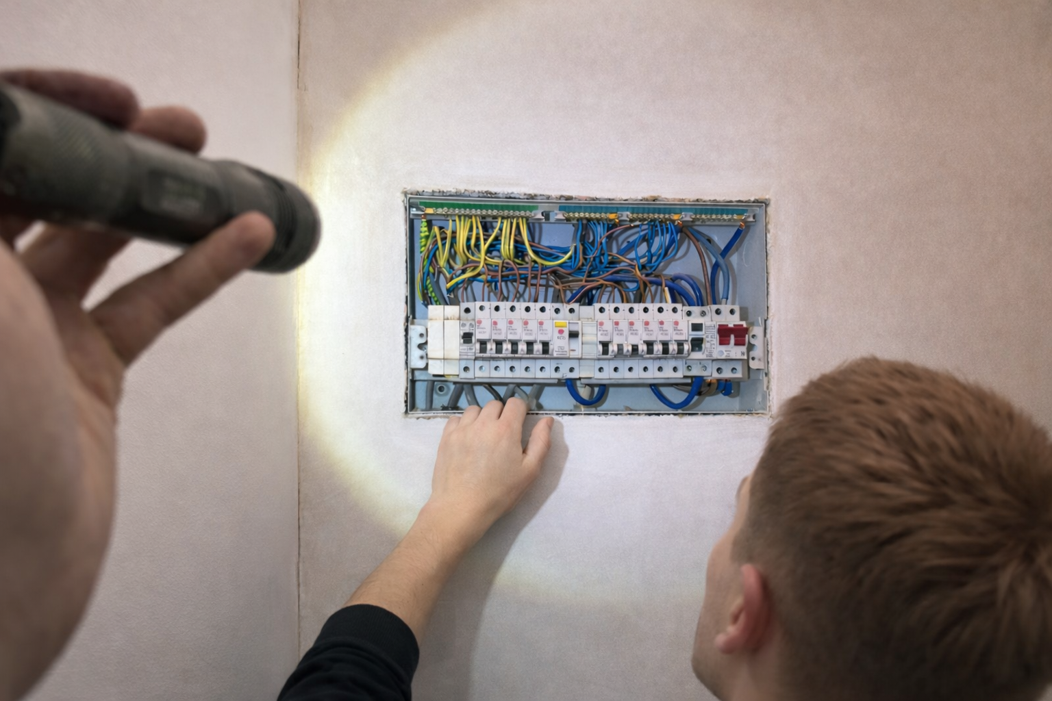 Electrician inspecting a fuse board by torchlight