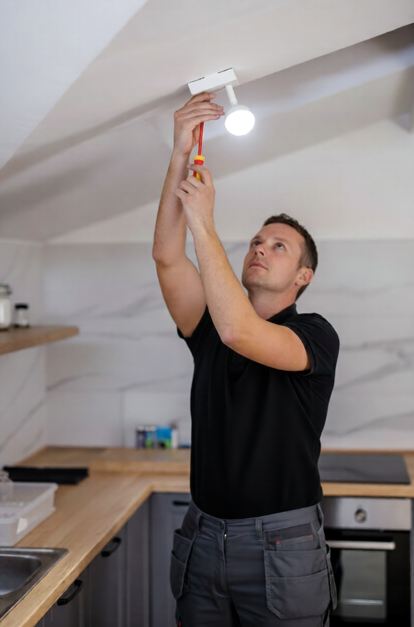 Exposed socket back-boxes and wiring on a tiled kitchen wall