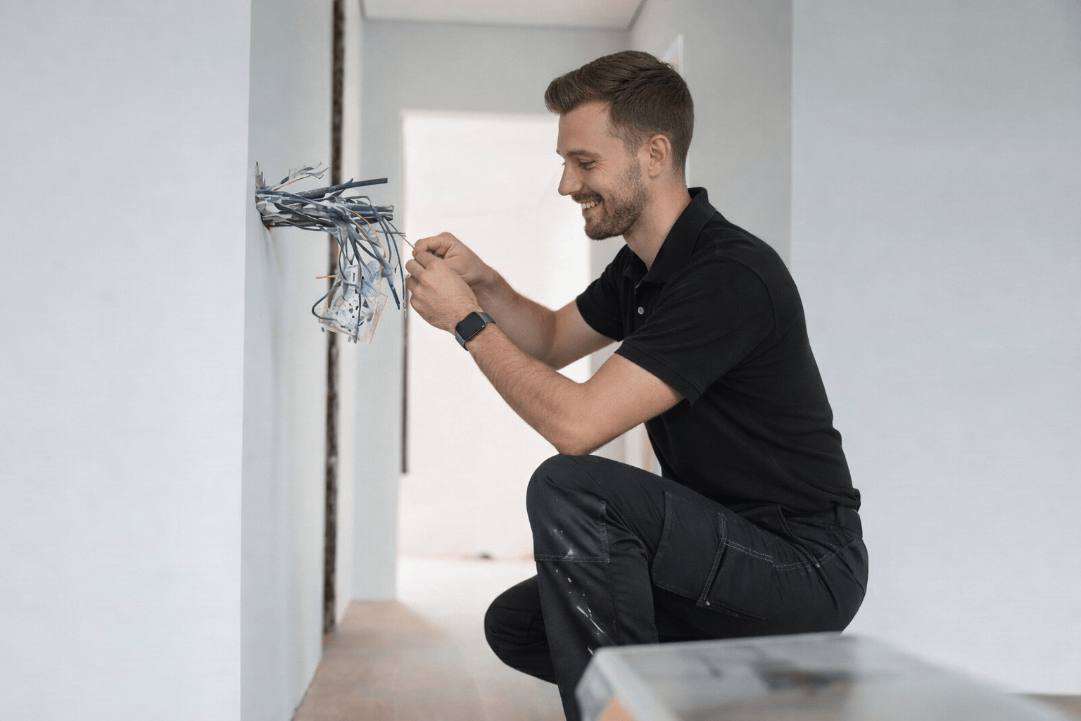 Exposed socket back-boxes and wiring on a tiled kitchen wall